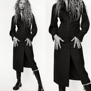 *ZARA* Black Draped Midi Shirt Dress